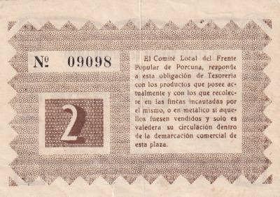 CRBL0611 BILLETE LOCAL ESPAÑA PORCUNA (JAEN) 2 PESETAS 1936 MBC