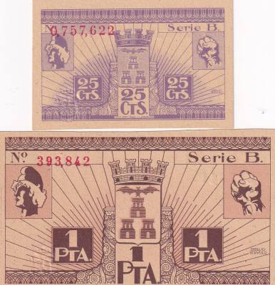 CRBL0613 LOTE 2 BILLETES LOCAL ESPAÑA ALBACETE 1937  1 PESETAS Y 25 CTS MBC