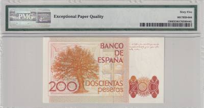 CRPMG060 BILLETE ESPAÑA 200 PESETAS 1980 SIN SERIE NUM. MUY BAJA ENCAP. PMG 65