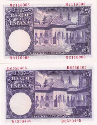 CRBS3327 LOTE DE 2 BILLETES ESPAÑA 25 PESETAS 1954 SERIES D-M S/C-