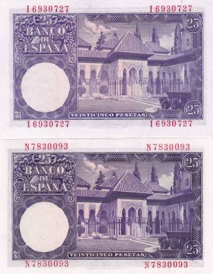 CRBS3329 LOTE DE 2 BILLETES ESPAÑA 25 PESETAS 1954 SERIES I-N S/C