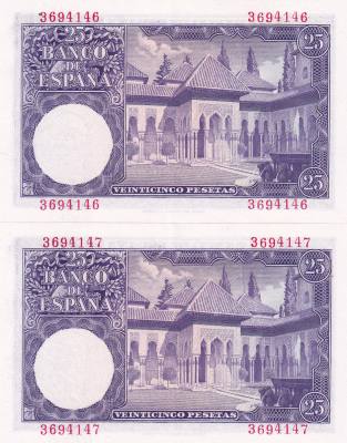 CRBS2008 PAREJA CORRELATIVA BILLETES ESPAÑA 25 PESETAS 1954 SIN SERIE S/C-