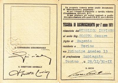 CRCAR284 TARJETA ITALIANA DE IDENTIFICACION DE LA OND DEL AÑO 1931 