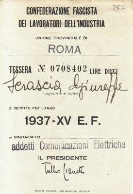 CRCAR285 TARJETA DE LA CONFEDERACION ITALIANA FASCISTA DEL TRABAJO DE LA INDUSTRIA DEL AÑO 1937 