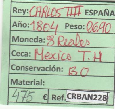 CRBAN228 MONEDA ESPAÑA 8 REALES CARLOS IV MEXICO 1804