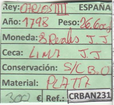 CRBAN231 MONEDA ESPAÑA 8 REALES CARLOS IV LIMA 1795