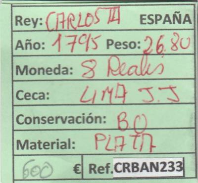 CRBAN233 MONEDA ESPAÑA 8 REALES CARLOS III LIMA 1795