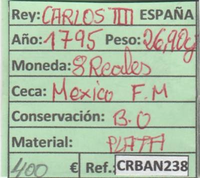 CRBAN238 MONEDA ESPAÑA 8 REALES CARLOS IV MEXICO 1795