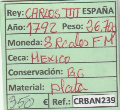 CRBAN239 MONEDA ESPAÑA 8 REALES CARLOS IV MEXICO 1792