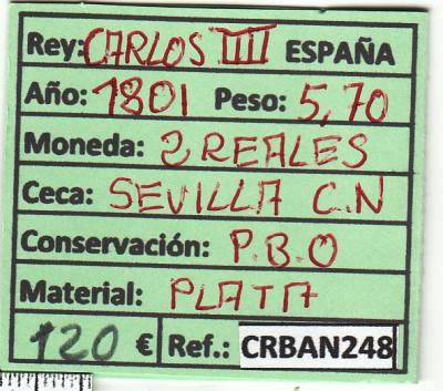 CRBAN248 MONEDA ESPAÑA 2 REALES 1801 CARLOS IV SEVILLA