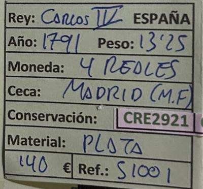 CRE2921 MONEDA ESPAÑA CARLOS IV 4 REALES 1791 MADRID PLATA