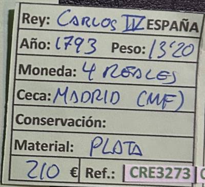 CRE3273 MONEDA ESPAÑA CARLOS IV 4 REALES 1793 MADRID PLATA
